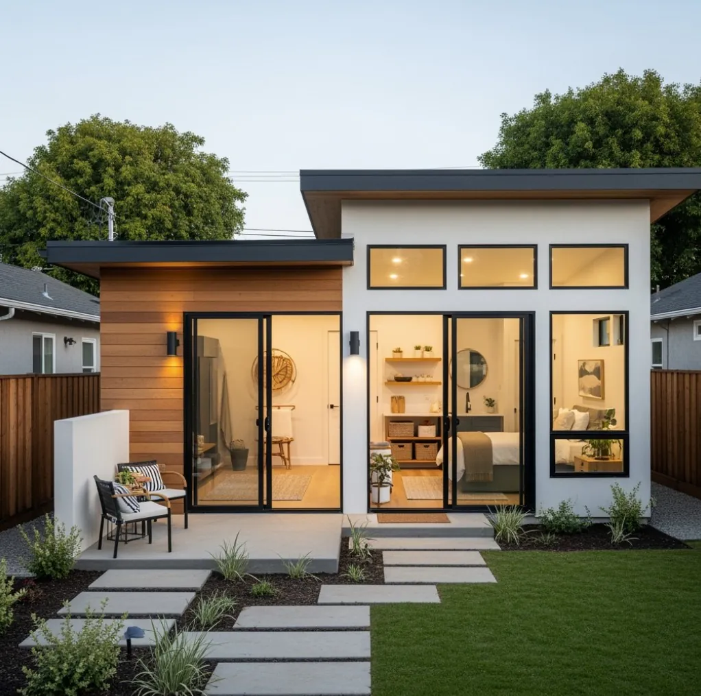 Contemporary custom accessory dwelling unit with modern hardscape walkway