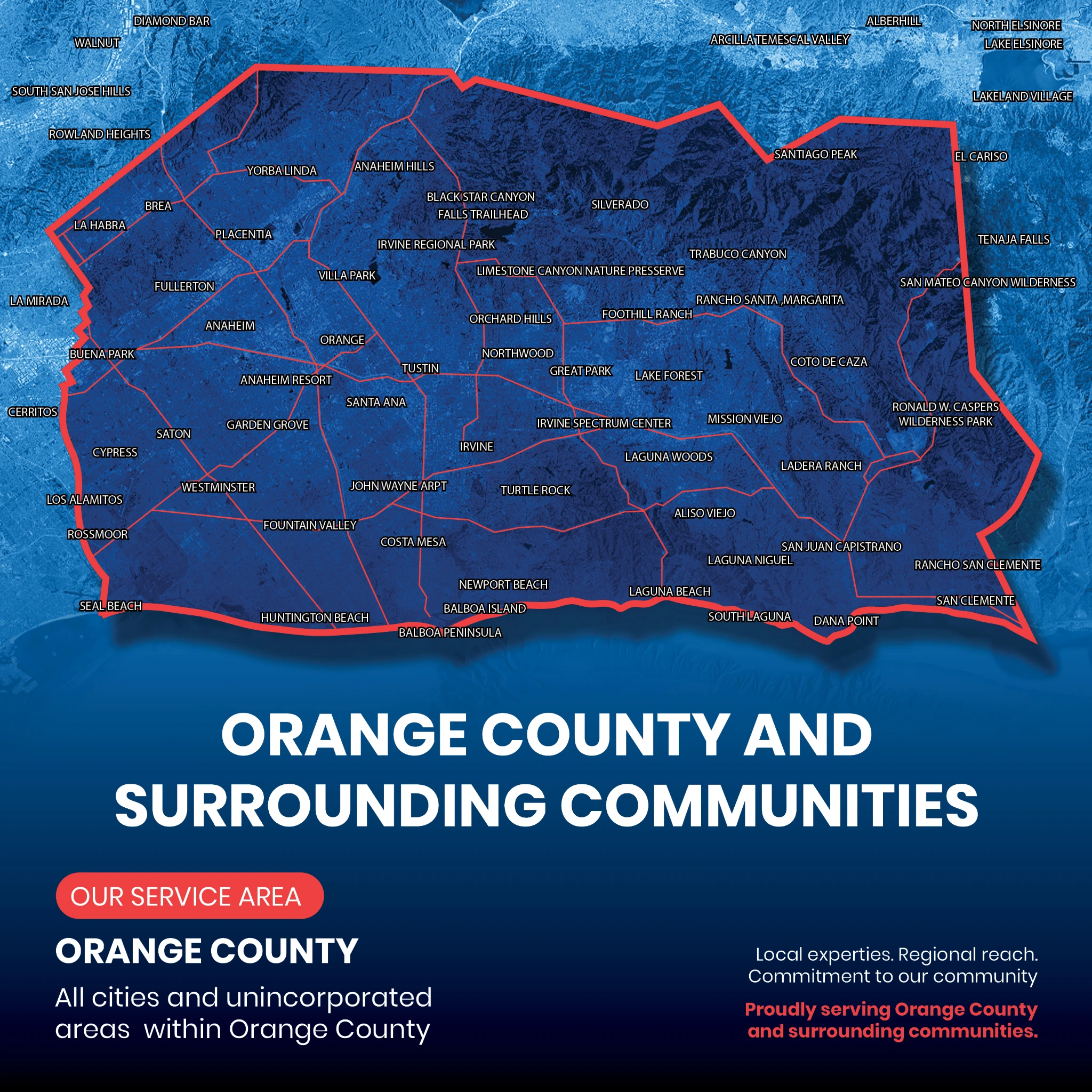 Navo Builders service area map covering Orange County and surrounding communities